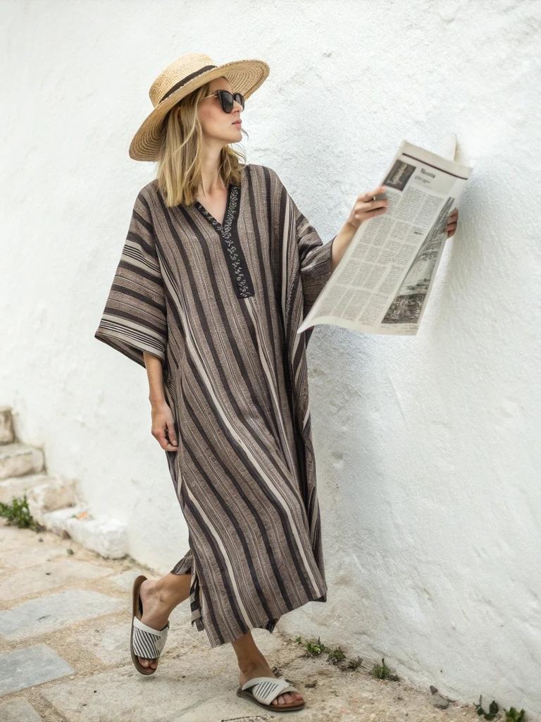 European and American new bohemian women's clothing seaside vacation printing loose kaftan robe dress
