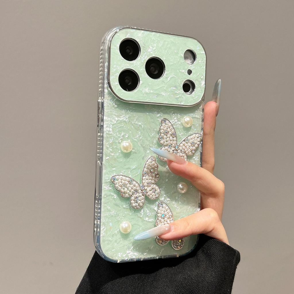 Hoesje voor iPhone 17 16 15 14 13 Pro Max Doe-het-zelf Parel Vlinder beschermhoes volledige dekking Schokbestendig Anti-vingerafdruk