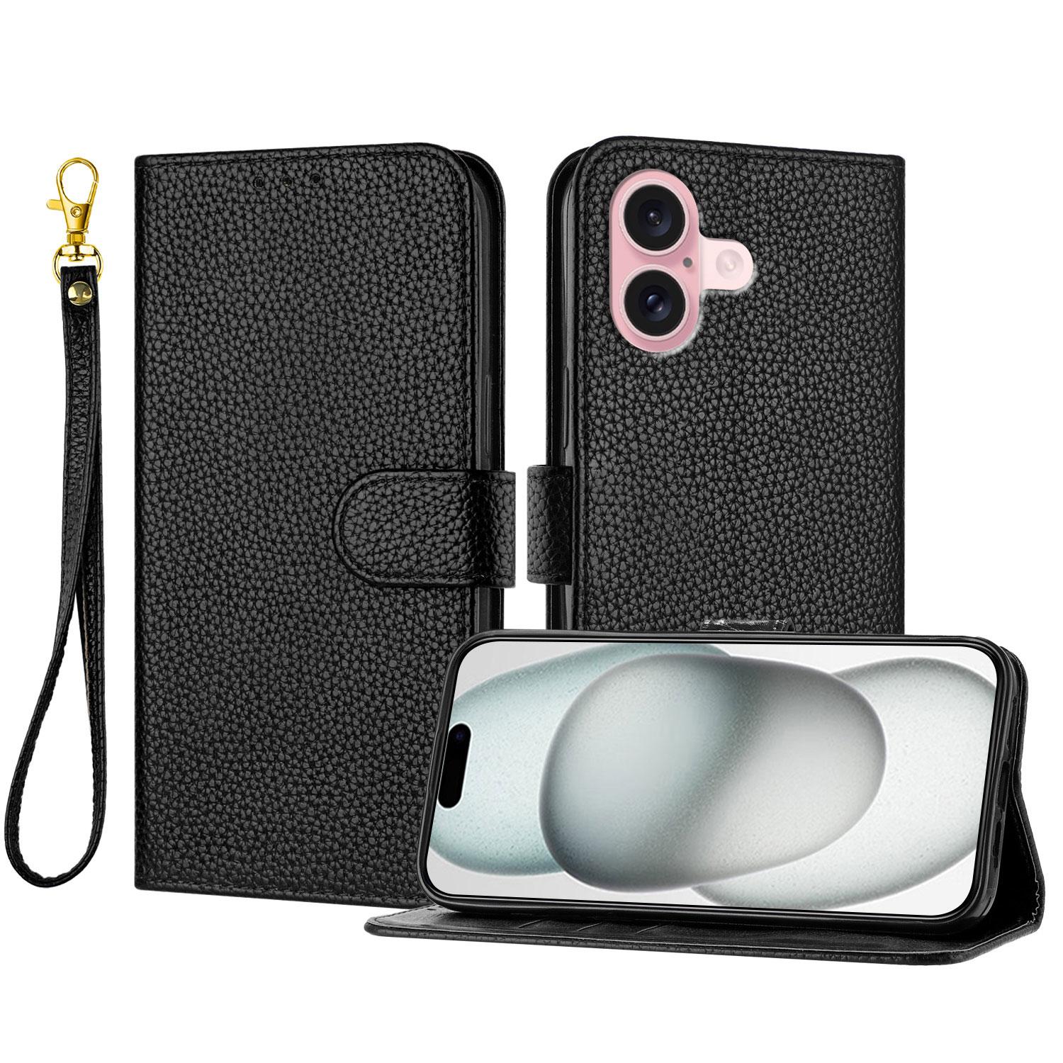 

For iPhone 16 Leather Case Litchi Texture Wallet Stand Anti Drop Phone Cover with Wrist Strap Black