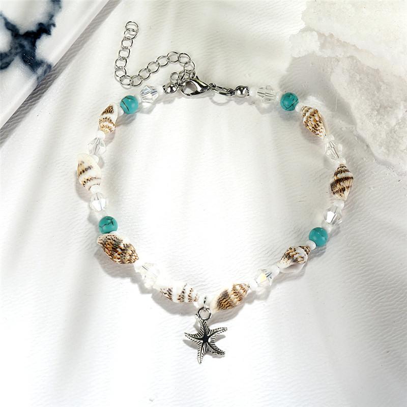 Modyle Vintage Silberfarbene Perlen Seestern Fußkettchen Für Damen Handgefertigt Perlen Fußkettchen Sommer Strand Fußschmuck