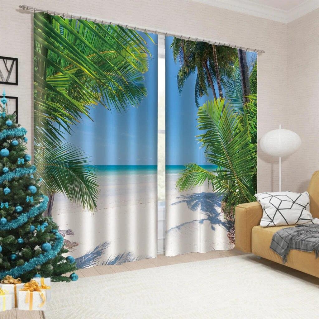 2 Panel Maledivian Seaside Coconut Tree Print Vorhang für Wohnzimmer vom Boden bis zur Decke Fenster Küche Schlafzimmer Jalousien Cortinas