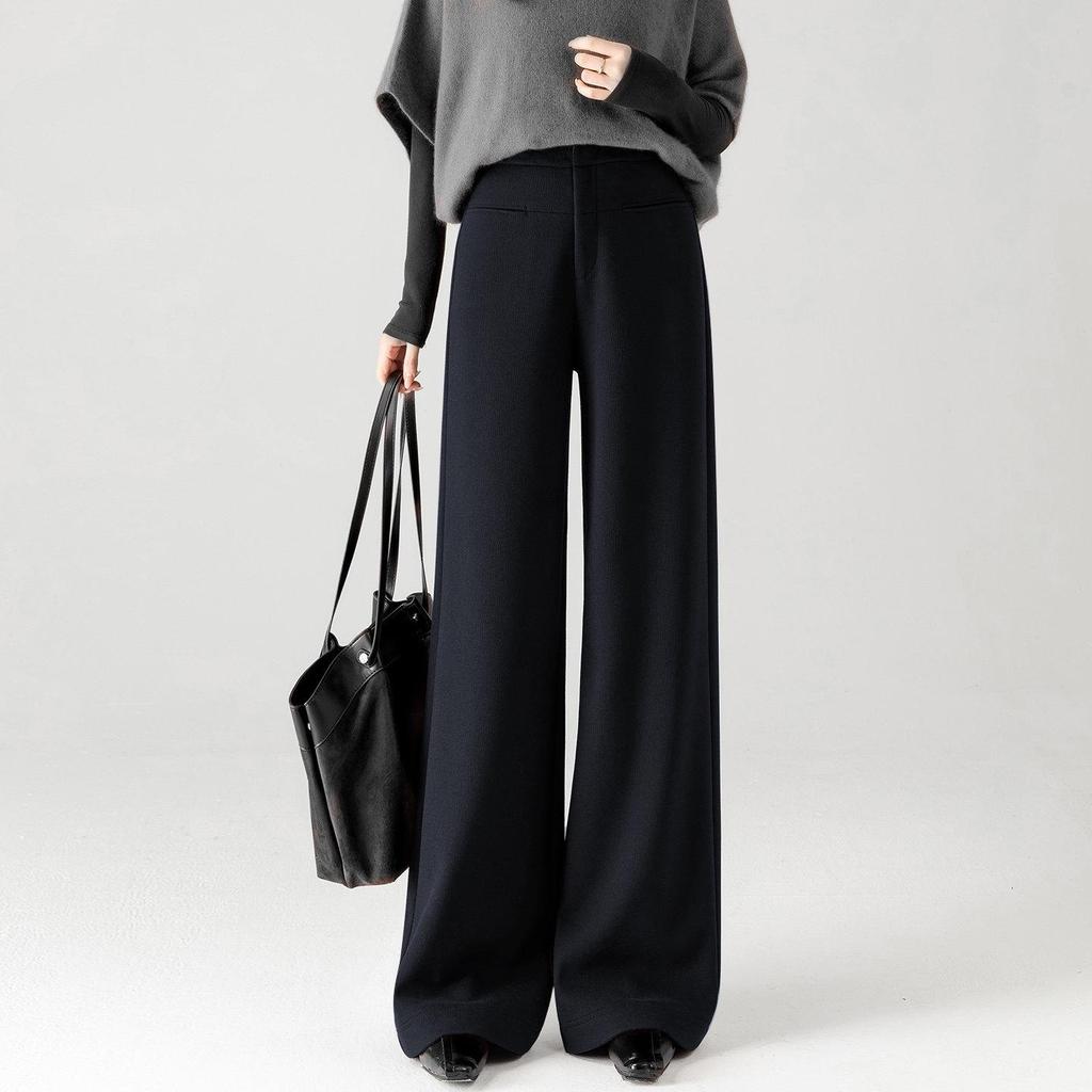 Elegant High-Waisted Wool Wide-Leg Pants for Women - Winter 2025 Style, Thickened A-Line, Casual and Loose Fit