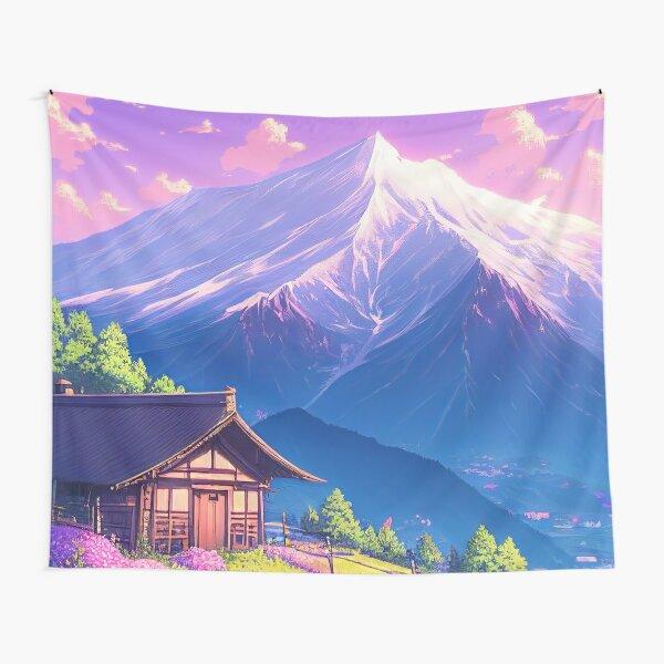 Anime Scenery Tapestry Japanese Mountain with Cherry Blossom Tapestries Sakura Village Wall Tapestry for Bedroom Aesthetic Decor