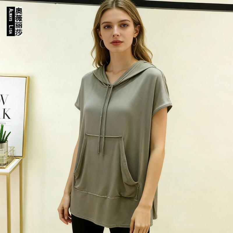 Women's Hooded Short Sleeve Tee Loose Casual Modal Knit Top Summer Daily Pocket Pullover