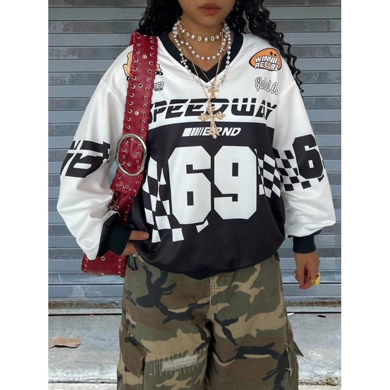 Womens Oversized Long Sleeve V-Neck Sweatshirt With Contrast Letter Print Casual Fall Top