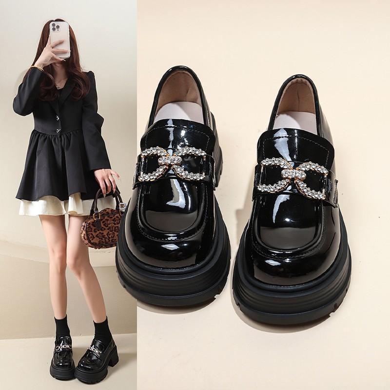 Platform Women's Spring and Autumn Models Versatile High-heeled Single Shoes Rhinestone Buckle Black Small Leather Shoes
