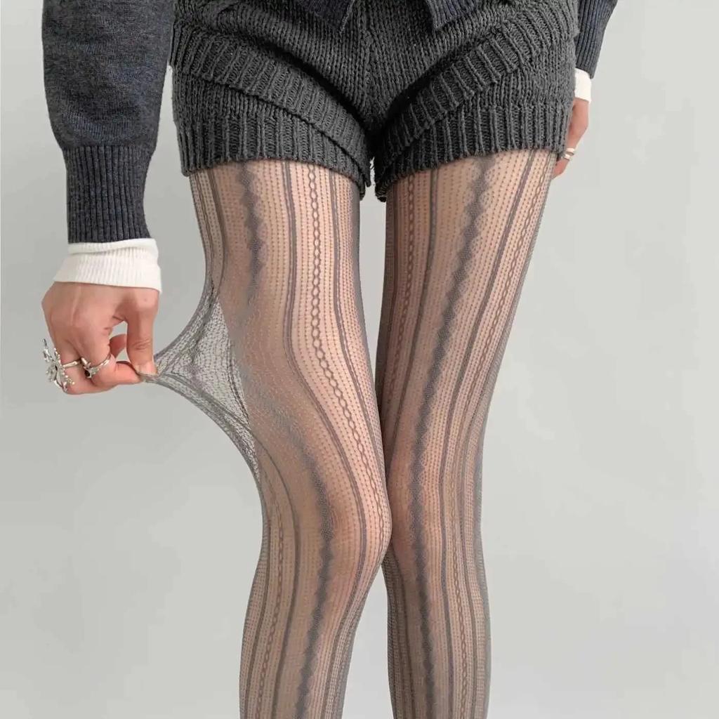 Retro Brown Lace Hollow Mesh Fishing Net Socks Vertical Pattern Embroidery Pantyhose Thin Summer Suitable for Men And Women