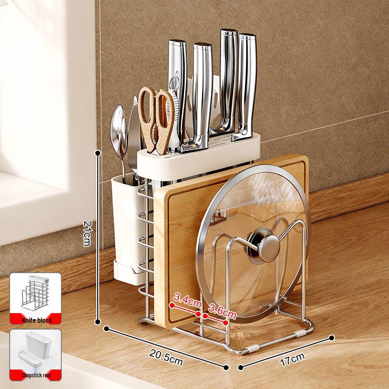 304 Stainless Steel Kitchen Storage Rack with Chopstick Holder, Knife Block, and Cutting Board Storage