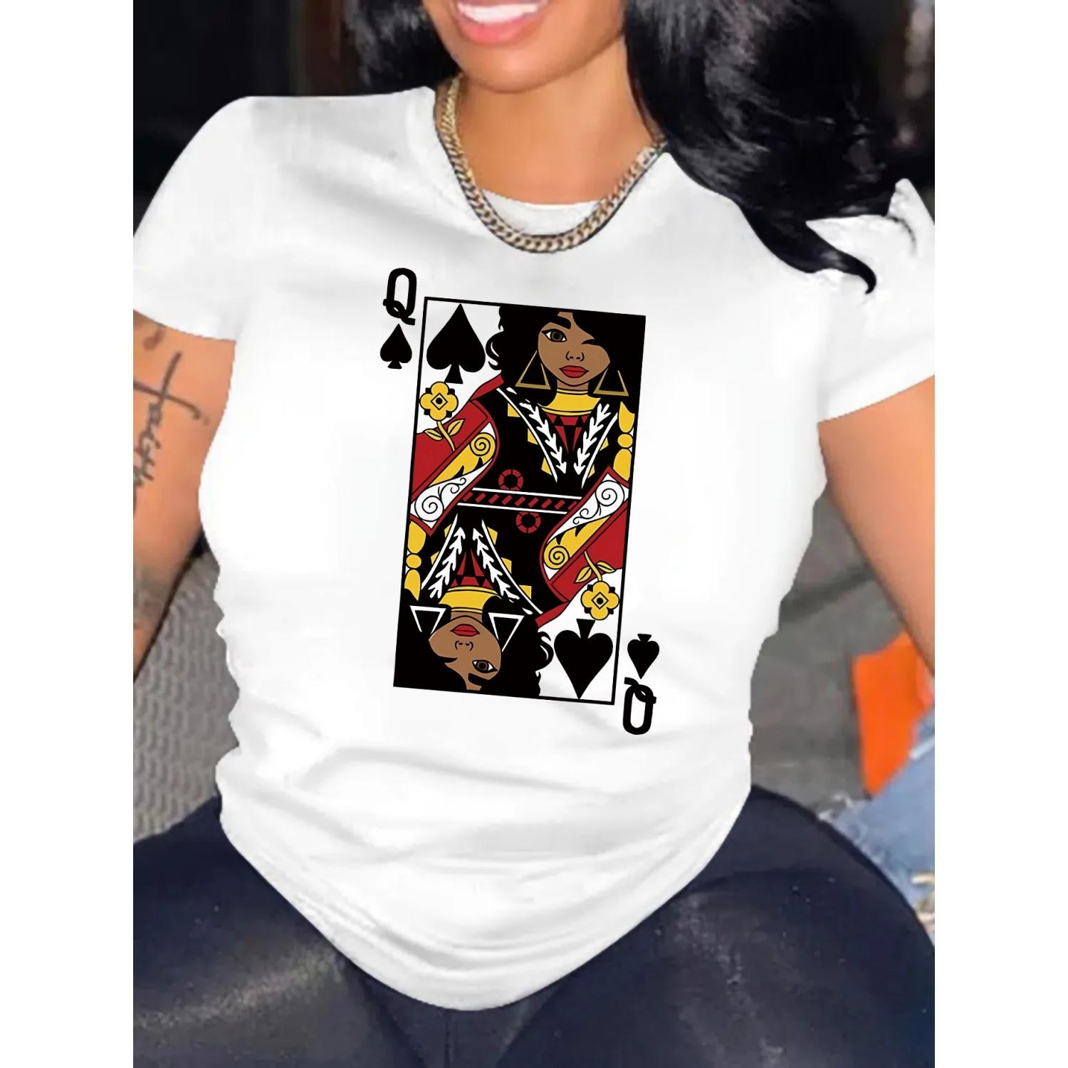 

Cartoon Card Q Print Crew Neck T-Shirt Casual Short Sleeve Top for Spring & Summer Women s Clothing XXXXXL білий