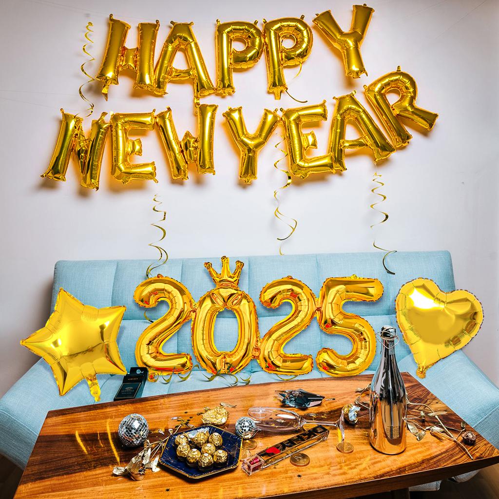15pcs2025 Crown Number Foil Balloons, Happy New Year Letter Balloons, Suitable for New Year's Eve Party, Christmas Party