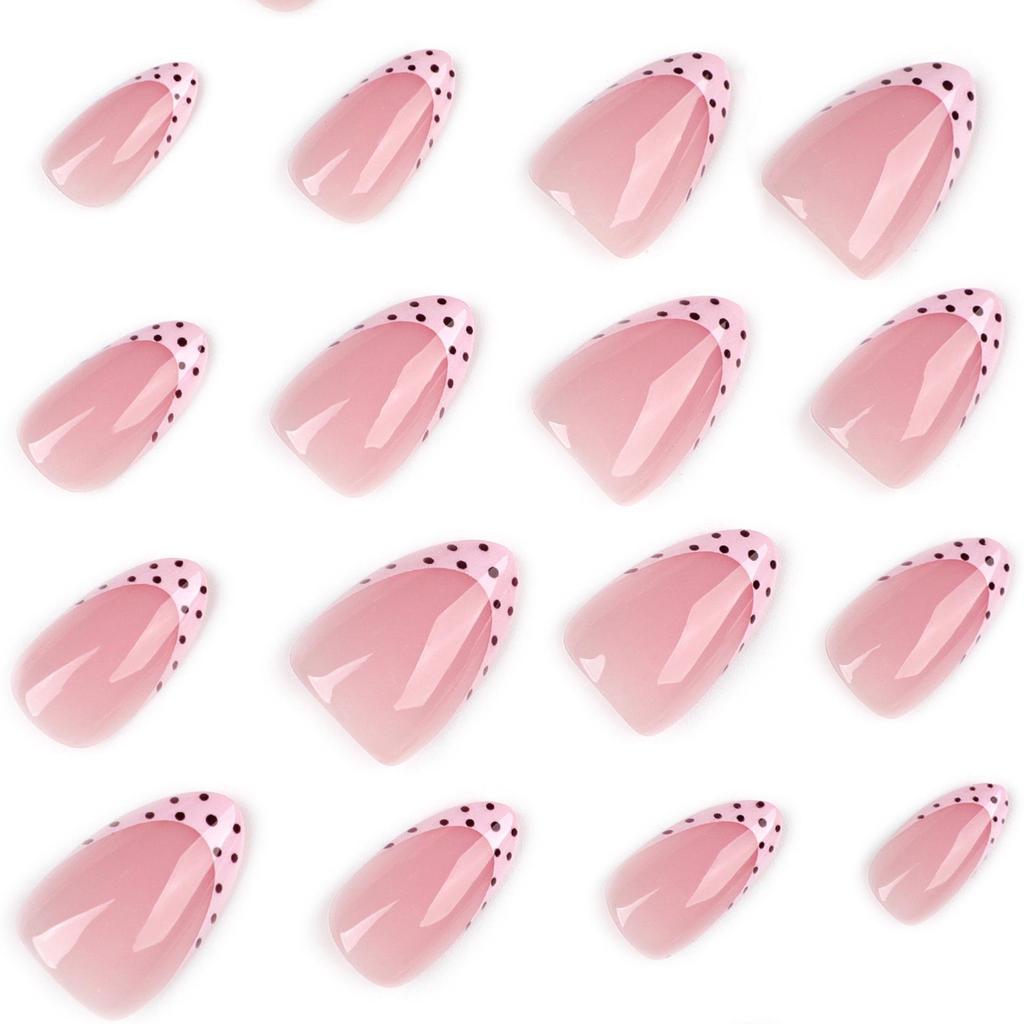 Polka Dot French Wearable Short Almond Fake Nails - Nail Art Tips
