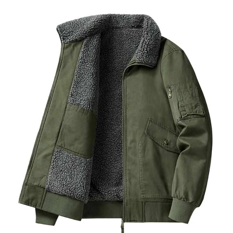 

Men s Winter Thick Fleece Lined Flight Jacket Cold Proof Cotton Coat Lamb Fur Casual Wear Long Sleeve Outerwear XL армія зелений колір