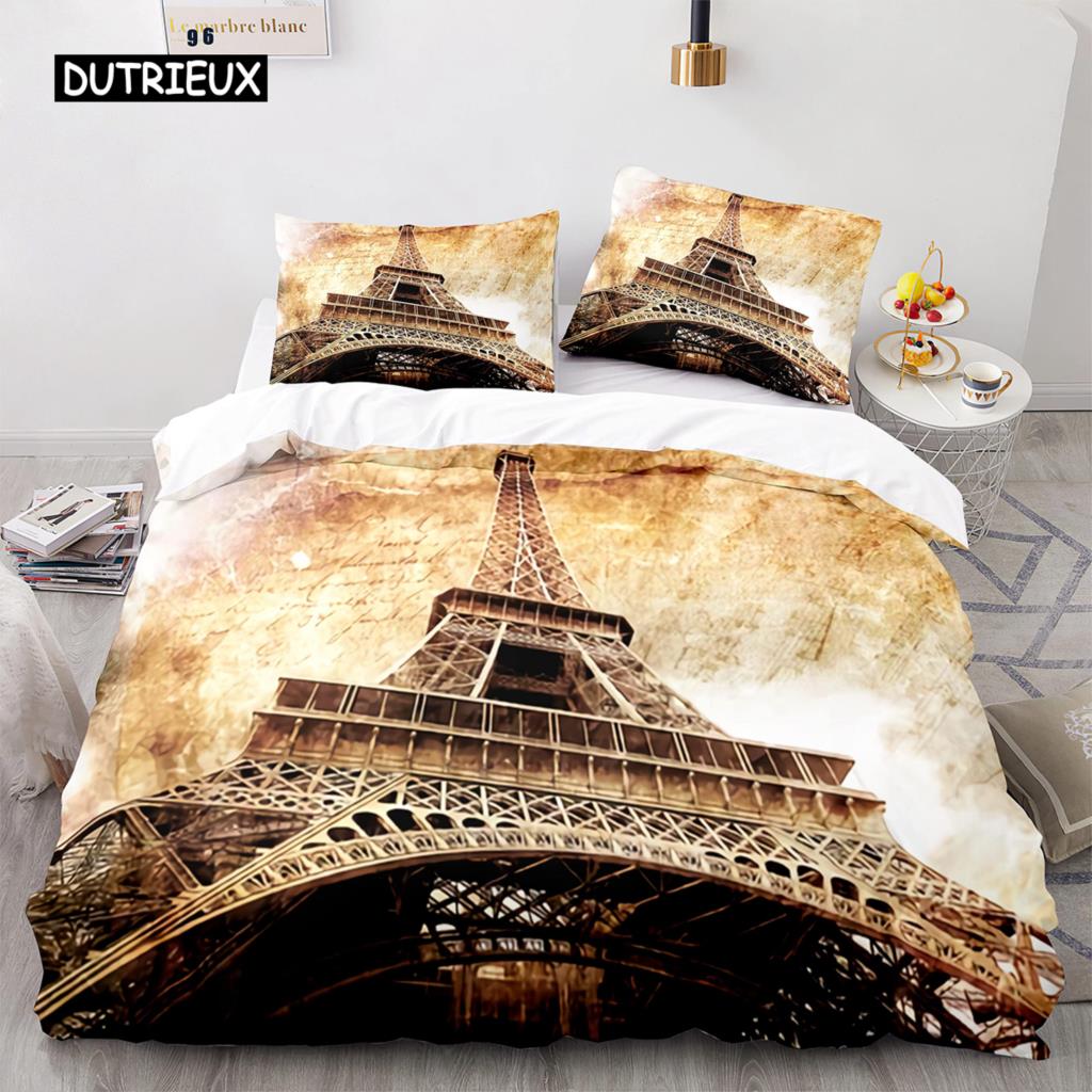 Eiffel Tower Duvet Cover Set King Size Paris Cityscape Twin Bedding Set Modern French Style Polyester Comforter Cover Boys Girls