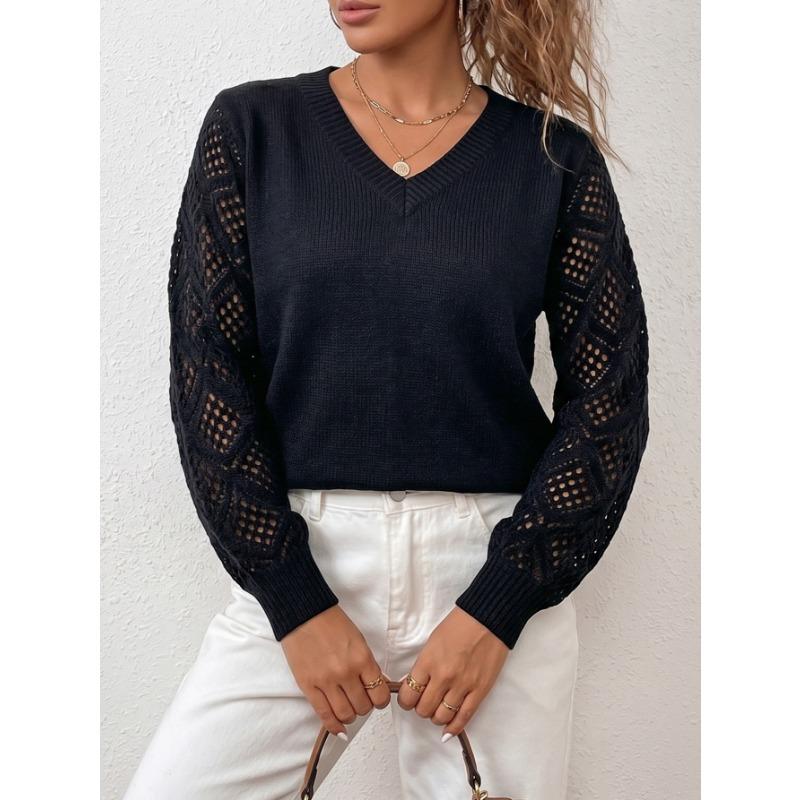 Women Loose V Neck Hollow Out Long Sleeve Knitted Casual Pullover Sweater Top
