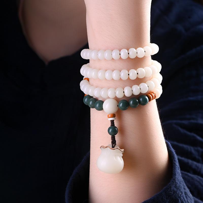 Bodhi Root Bracelet with White Jade Bodhi Seeds108Buddhist Beads for Reciting Sutras, Carved Fortune Bag Necklace, Barrel Beads, Prayer Beads for Men