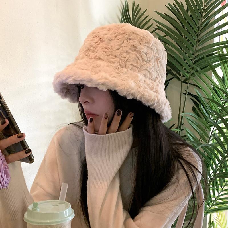 Fluffy Warm Beige Winter Hat For Women Sweet Korean Style Ear Bucket Protection