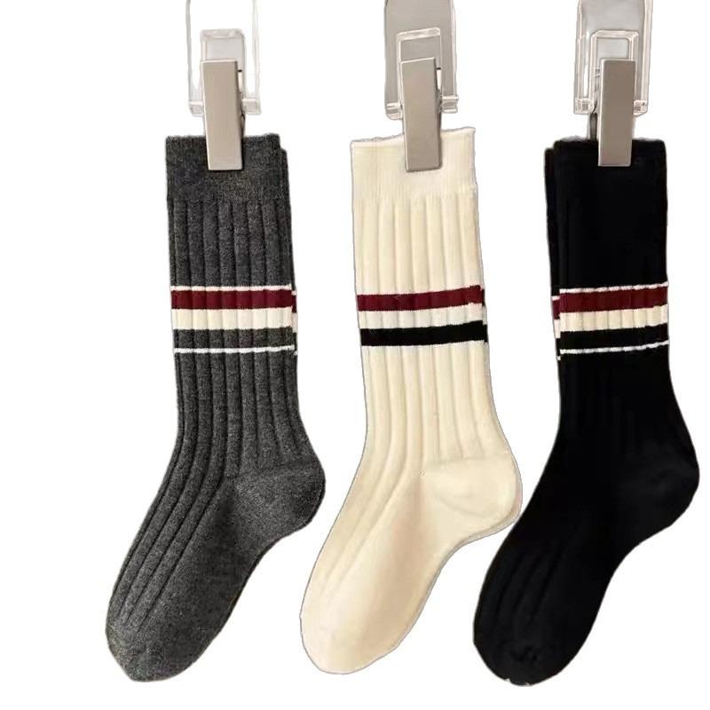 Fall/Winter Kids Wool Striped Plush Socks - College Style Athletic High-Waist Color-Contrasting Cashmere Warmth Mid-Calf Socks