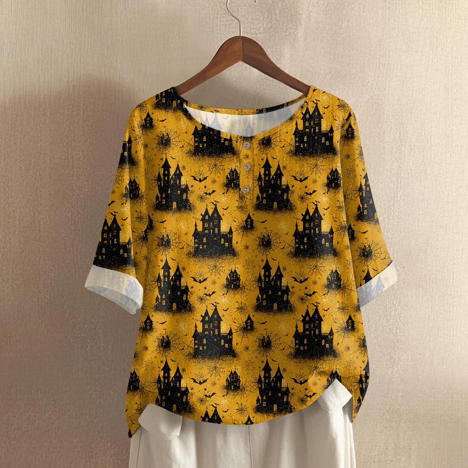 

Женский повседневный топ с рукавами средней длины, круглым вырезом, с принтом на Хэллоуин, из хлопка и льна XL жёлтый