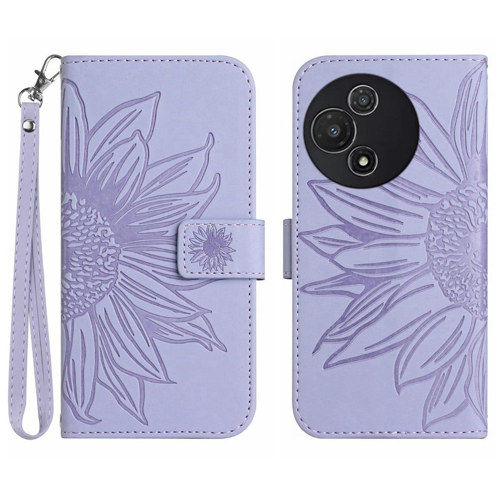 For TCL 60R 5G Case Sunflower Imprint Leather Wallet Phone Cover with Wrist Strap