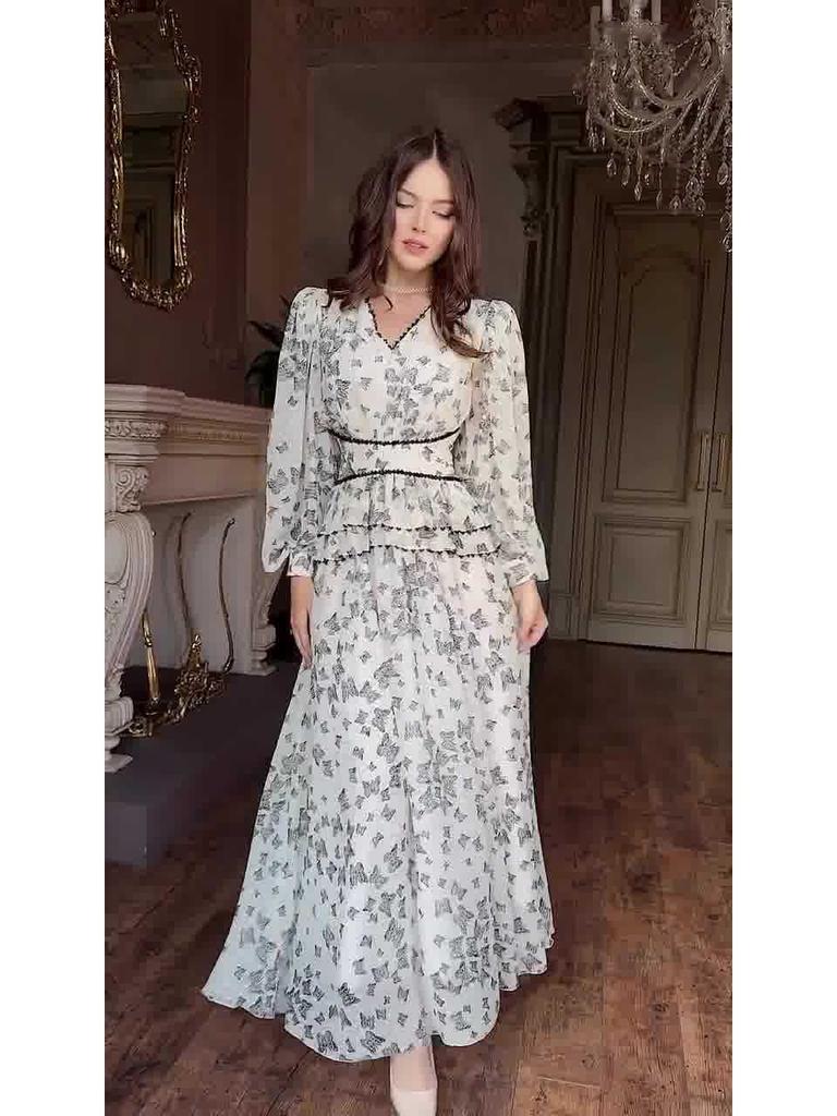 Elegant V-neck Waist-Cinching Long Summer Dress for Women - 2025 European & American Style