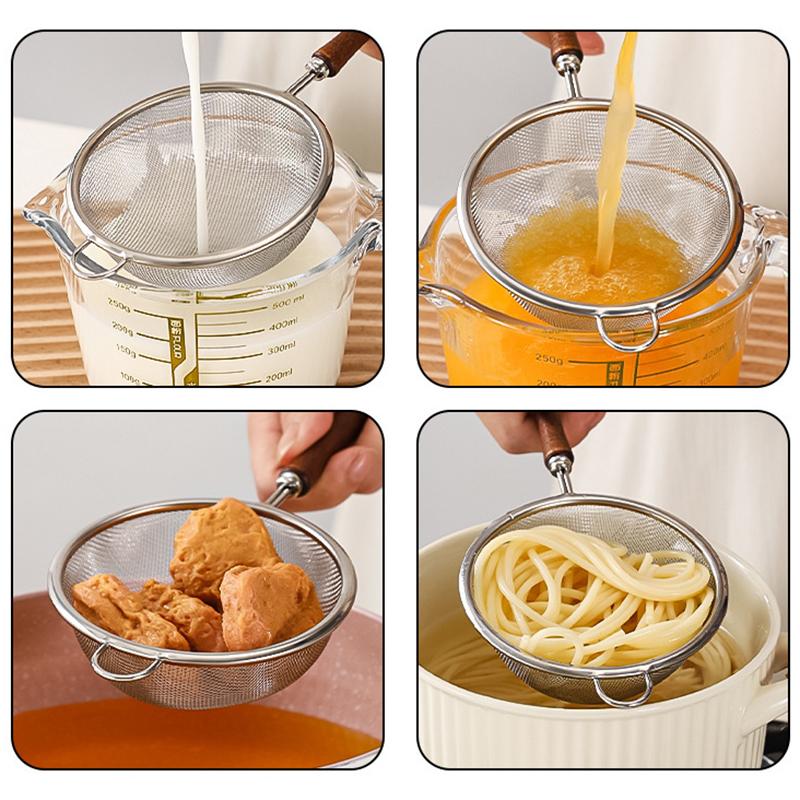 Wooden Handle Stainless Steel Small Colander Fine Mesh Oil Strainer Multi-Function Filter Mesh Flour Sifter Kitchen Baking Tools
