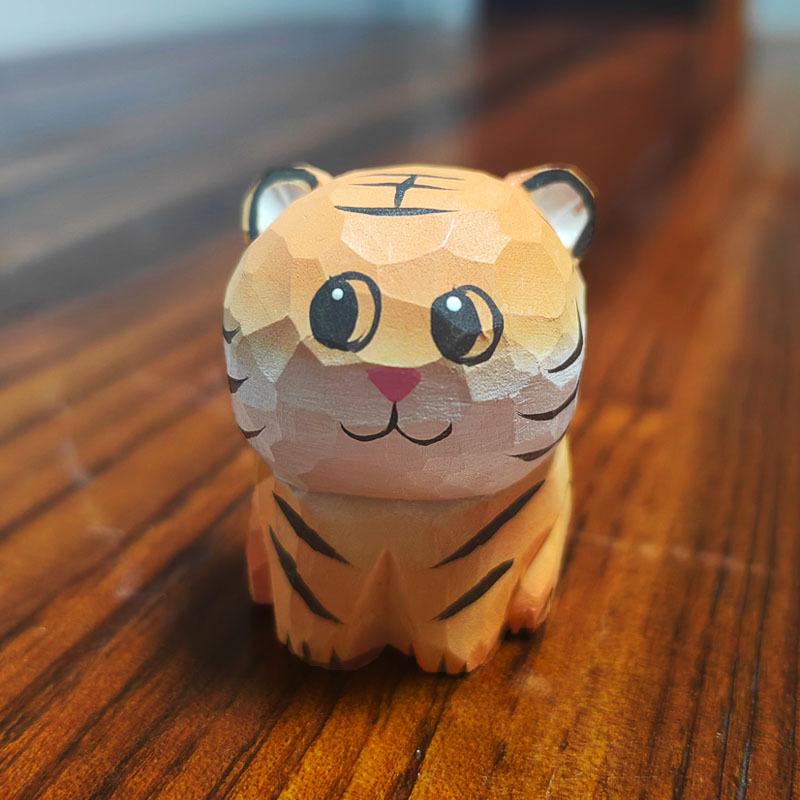 Wood Carved Cute Little Tiger Ornament - Handcrafted Solid Wood Souvenir and Desktop Bookshelf Gift.