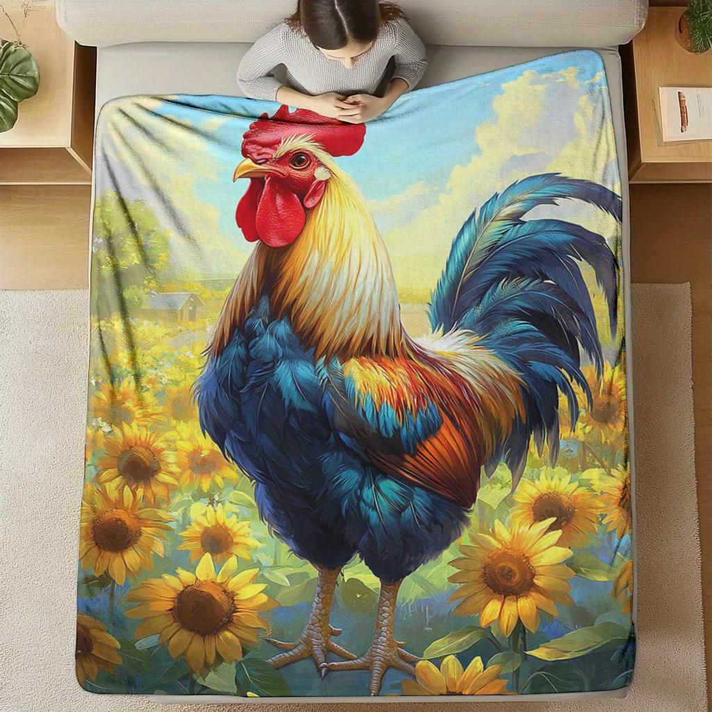 

Soft Flannel Rooster and Sunflowers Print Throw Blanket - Digital Quilting, Cozy Polyester, All-Season Comfort, Ideal for Home 75x90cm28x35in