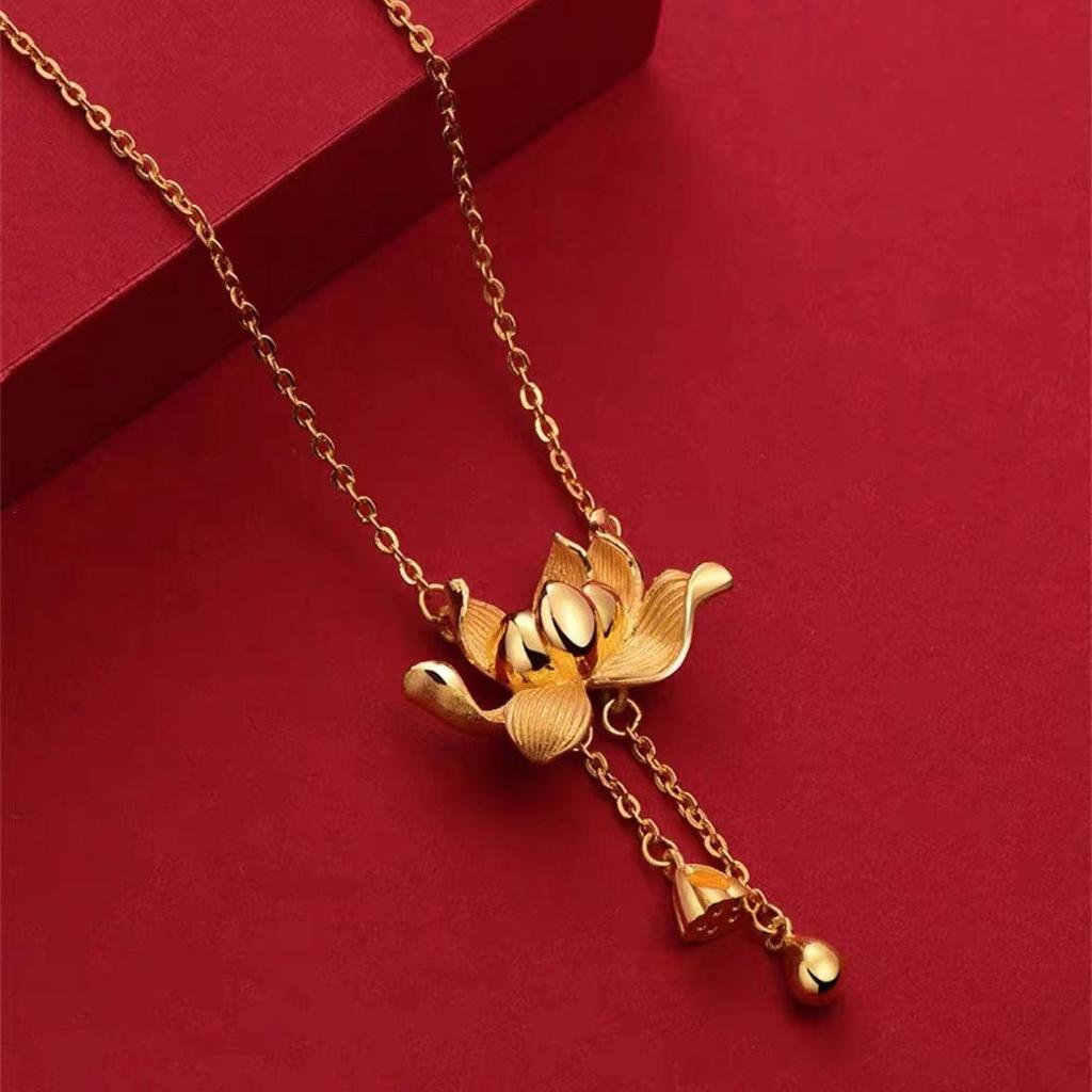 Elegant Gold-Plated Copper Lotus Necklace with Dual Lotus Seed Pendant for Women