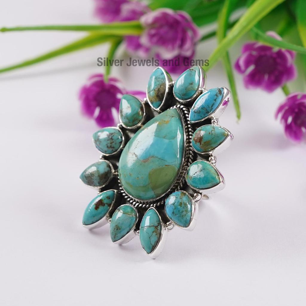 Natural Turquoise Ring, Arizona Turquoise Jewelry, Designer Ring, 925 Sterling Silver Ring, Wedding Gift, Statement Cluster Handmade Ring