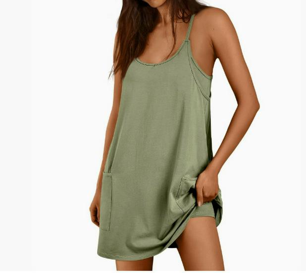 2025 Summer Sleeveless Solid Color Dress with Thin Straps & Pocket