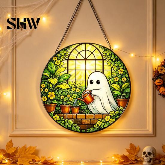 Unique Wall Hanging Art Retro Halloween Pendant, Ghost/Bat/Spider Web/Pumpkin Head Print, Old School Horror Room Decor Vintage Acrylic Ornament
