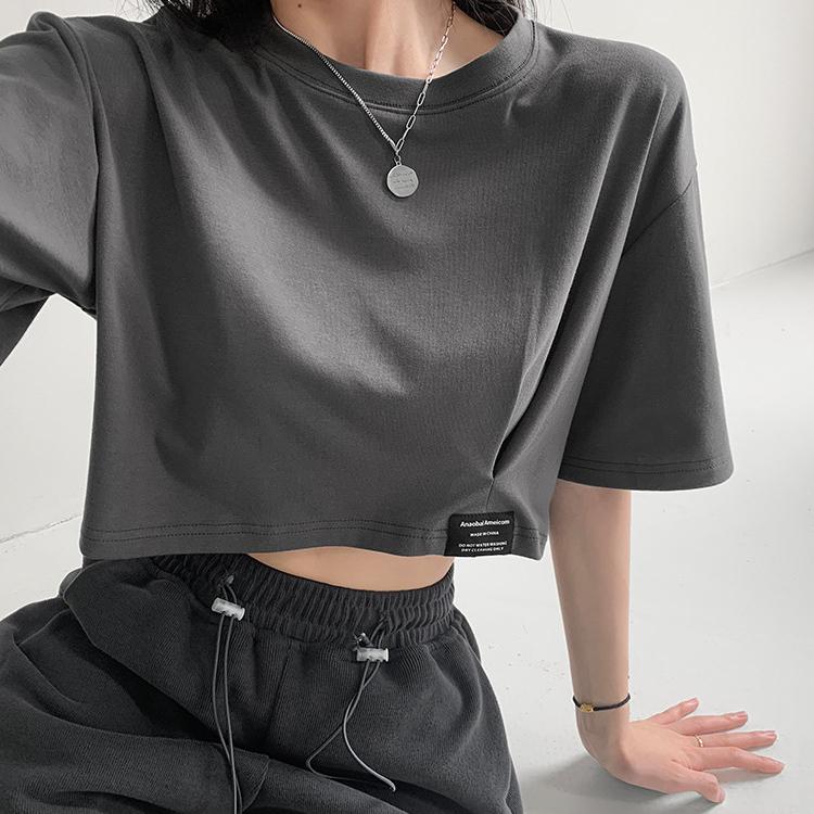 Harajuku მარტივი სოლიდური Crop Top ქალების ყოველდღიური მოკლემკლავიანი მაისური ზაფხულის სექსუალური თავისუფალი ახალგაზრდა გოგოს მოკლე მაისური კორეული ტანსაცმლის ტოპები