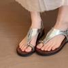 Sheepskin version French niche metal buckle-toe sandals women's fairy wind open-toed leather soft-soled comfortable Roman shoes