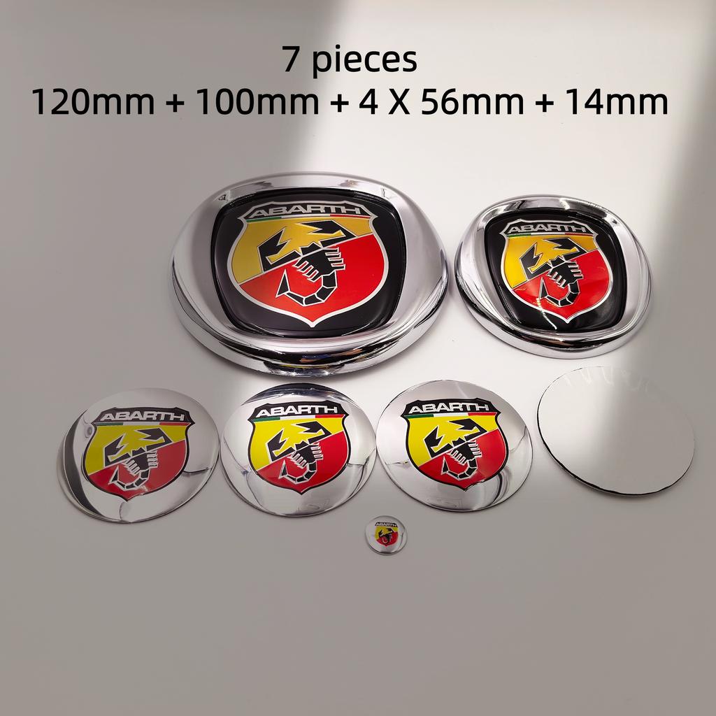 7pcs Fiat Abarth Car Front Hood Bonnet Badge 85/95/100/120mm Rear Trunk Boot Badge 10/12cm Hub Cap Wheel Center Cap 56/60mm