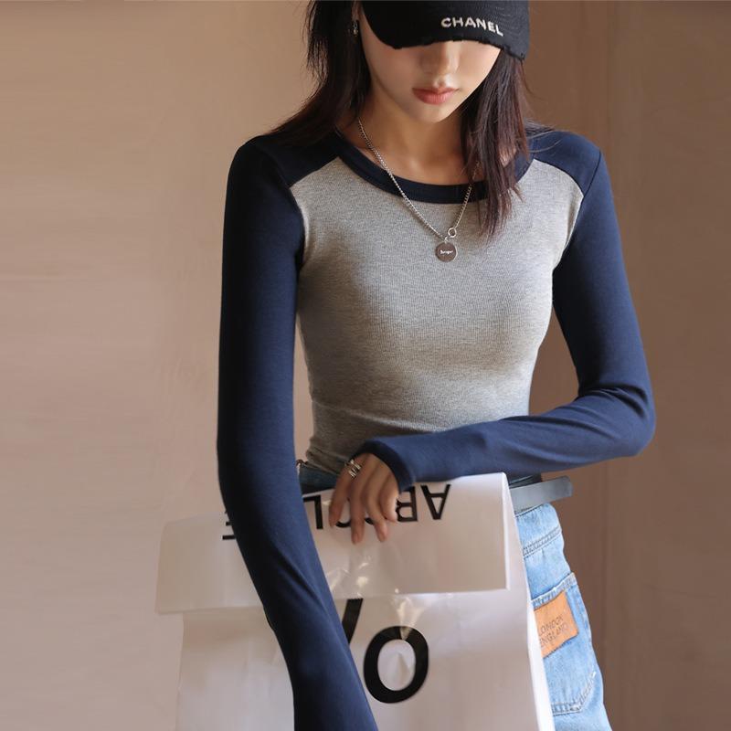 Women's Autumn and Winter Splicing and Color Collision Thread Round Neck Long Sleeve Top
