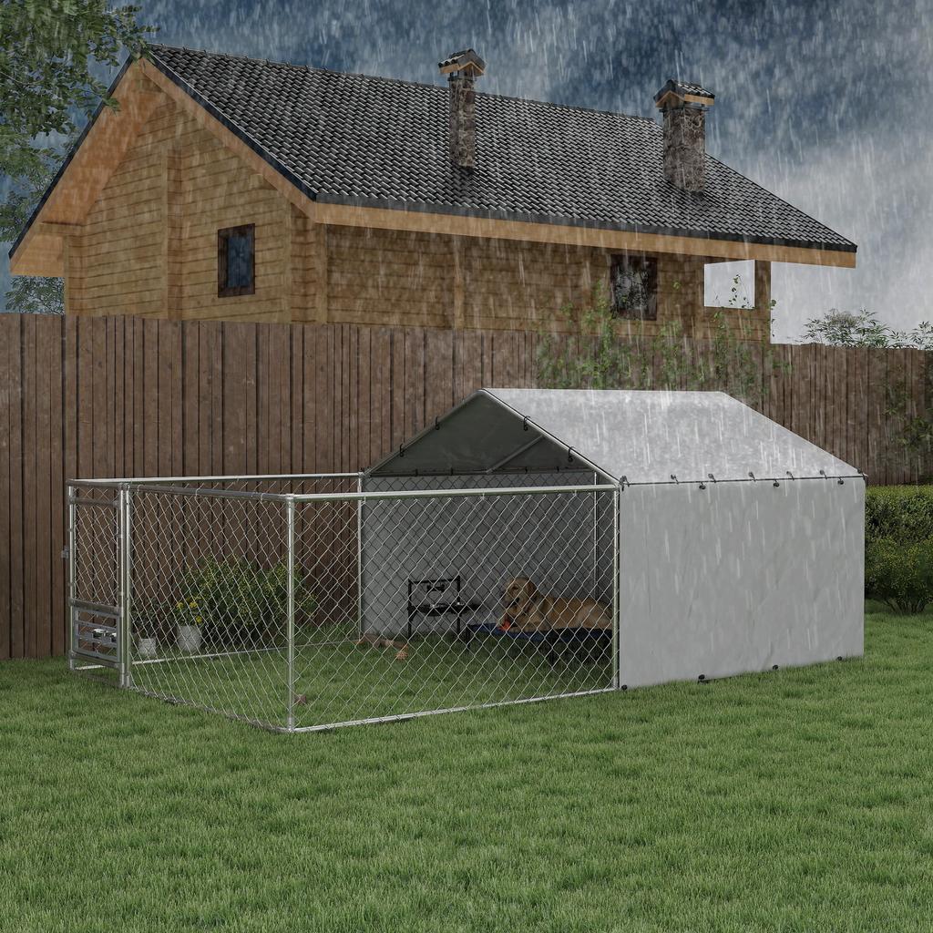 Dog Enclosure with Covers and Swivel Bowls, In Steel and Oxford Fabric, 4x2.3x1.5 M, Silver