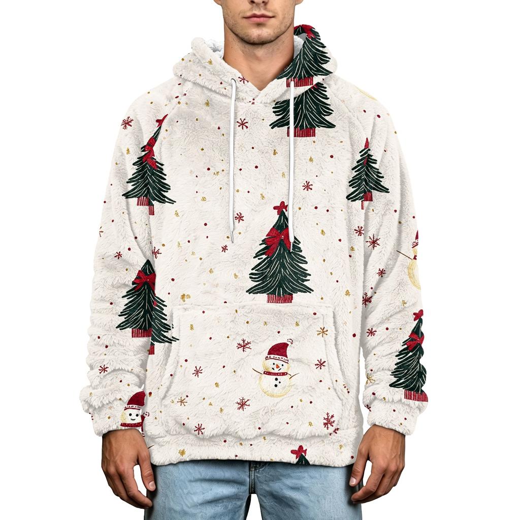 Men's Christmas Print Flannel Hoodie Plus Size Casual Hooded Sweatshirt for Fall and Winter