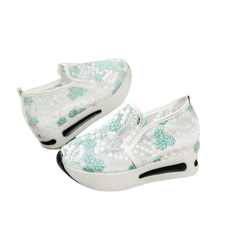 Fashion Women's wedge sneakers, comfortable white shoes, floral embroidered mesh, slip-on, size 42