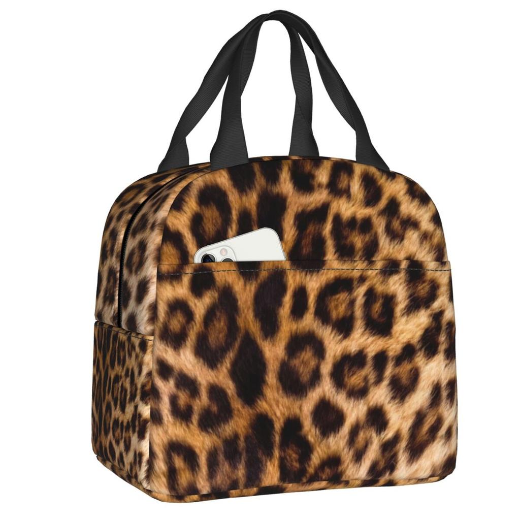 Benutzerdefinierte Leopardenmuster Tragbare Lunchboxen Damen Auslaufsicher Tierfellmuster Kühlbox Thermische Lebensmittelisolierte Lunchtasche Schüler