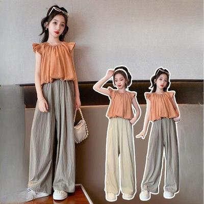 Girls' Casual Sweet Suit, Girls' Chiffon Shirt, T-shirt, Wide-leg Pants, Two-piece Suit