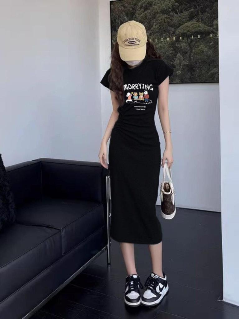 Gray Slim Waisted French-Style Petite Summer Dress