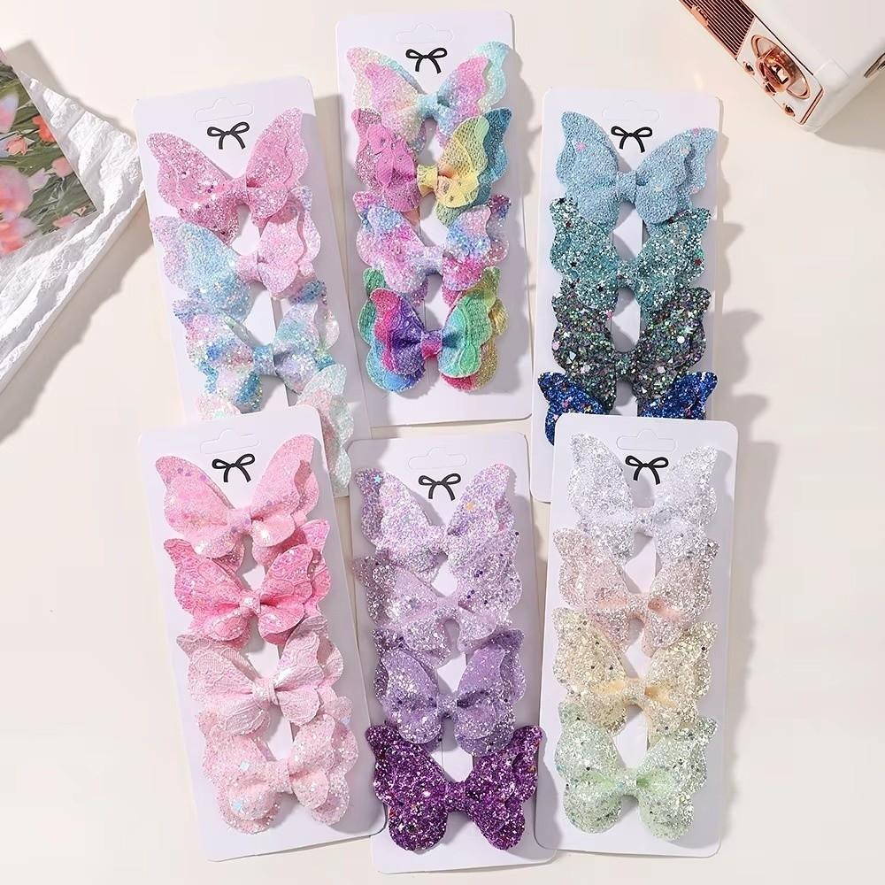 4Pcs Colorful Glitter Ribbons Glitter Hair Clip Double Butterfly Design Sequins Hair Clip For Girls