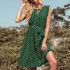 Vestido estampado com decote redondo, manga curta, bolinhas, plissado, chique, com cadarço, tamanho S-XL
