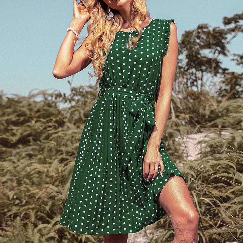 Vestido estampado com decote redondo, manga curta, bolinhas, plissado, chique, com cadarço, tamanho S-XL