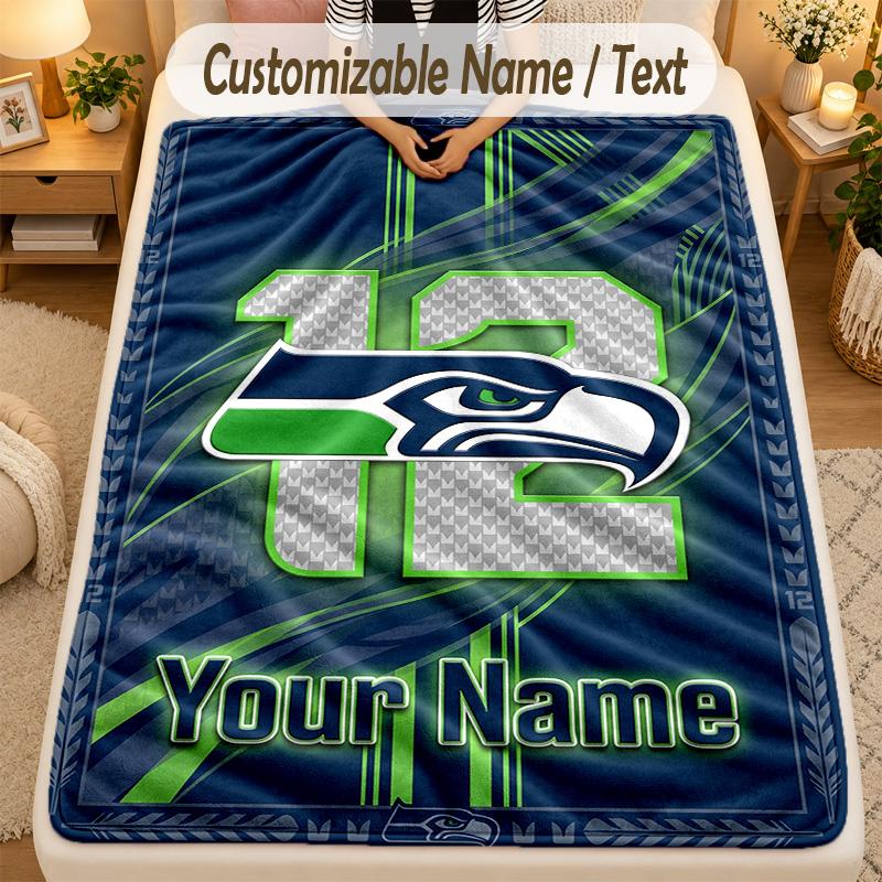 Flannel BlanketSeattle Seahawks Custom Name Text Personalized Soft Warm Throw Blanket Home Decor Gift