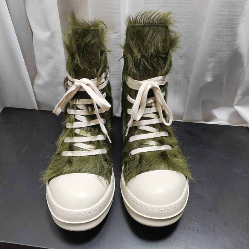 Horsehair Fashion Women and Men Ankle Boots Lace Up Trendy Green Tassel Flat Platform Height Increasing All Match Bota