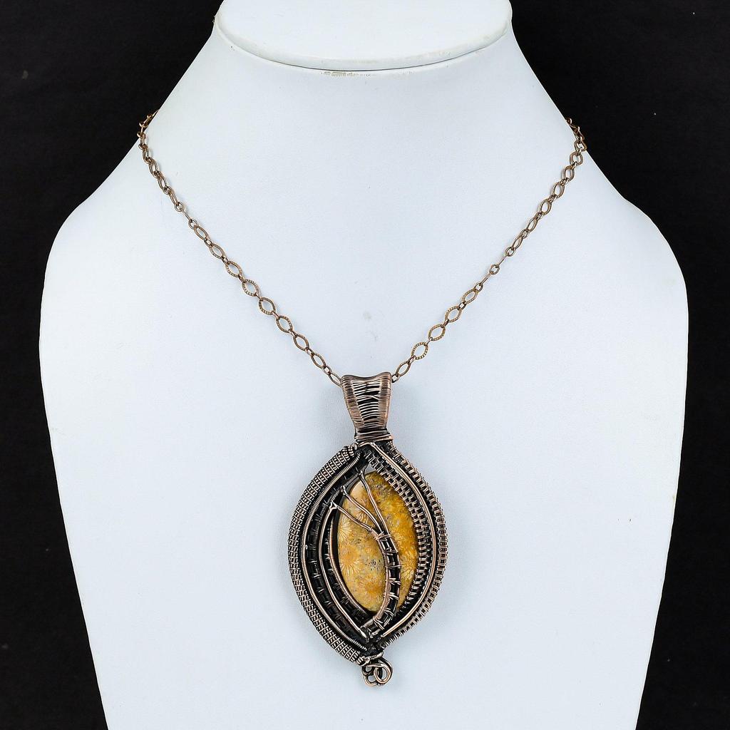 Fossilkorallen-Anhänger Kupferdraht-umwickelter Anhänger Edelsteinschmuck Handgefertigter Anhänger Fossilkoralle Kupferschmuck Designer-Anhänger Geschenk für Sie