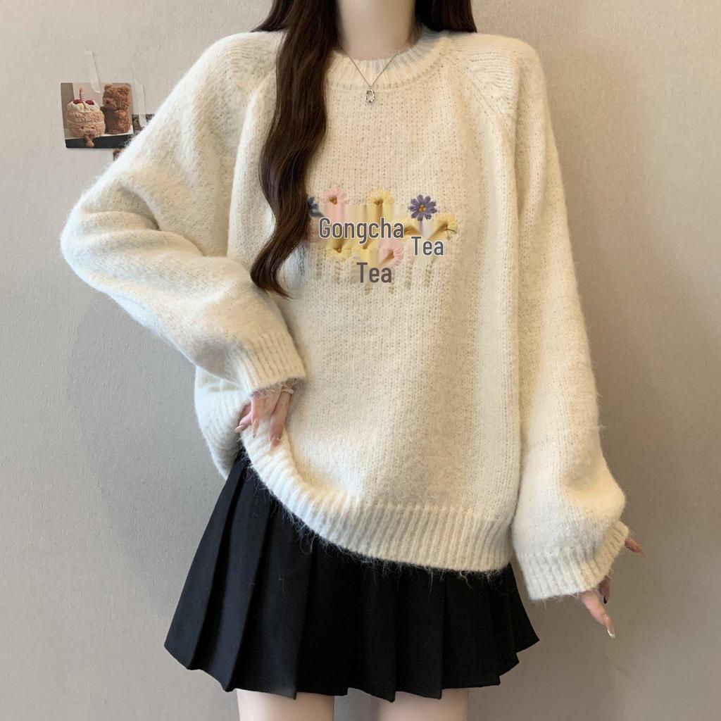 Women's Soft 3D Flower Embroidered Knit Pullover - Cozy Autumn/Winter Style