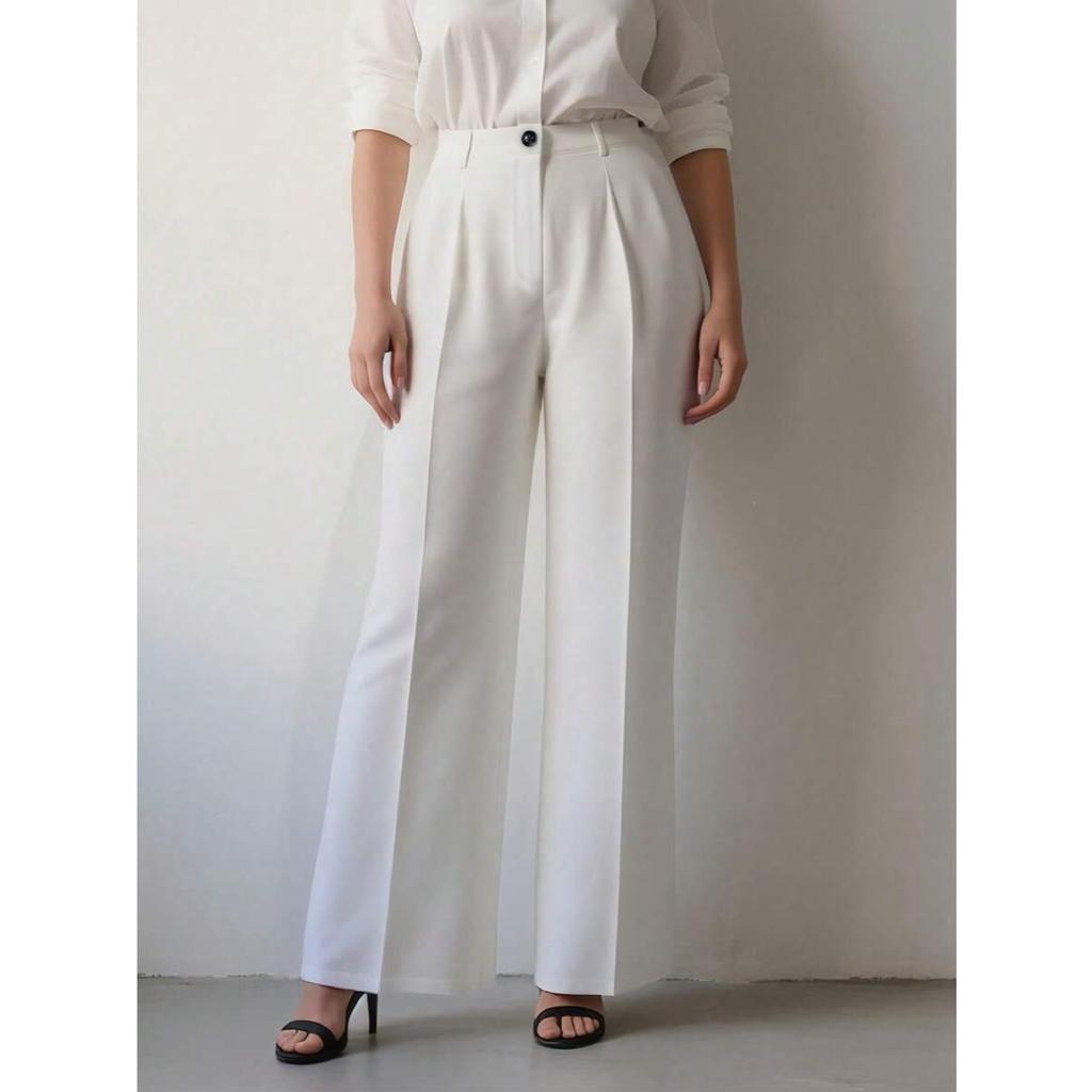 Jednokolorowe spodnie casual, Damskie spodnie z wysokim stanem, plisowane, luźne, Spodnie do pracy