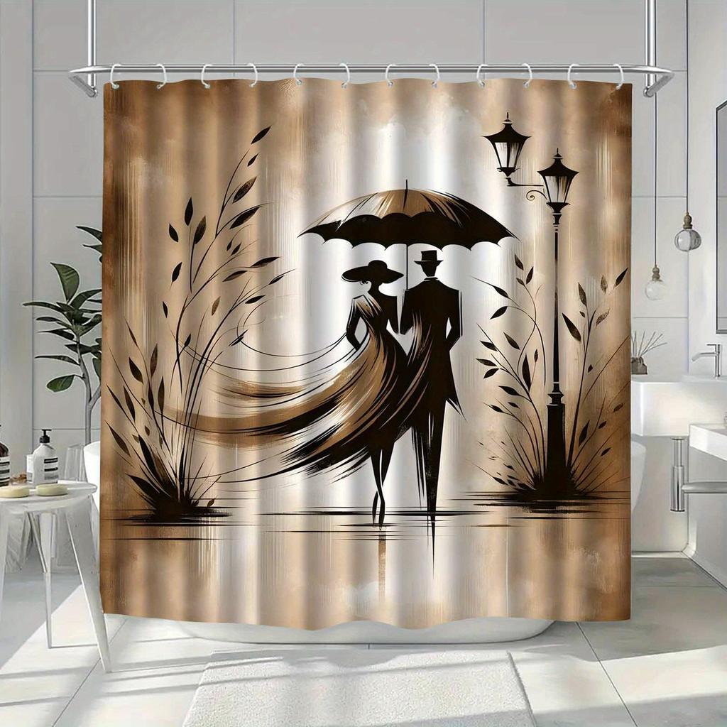 Romantic Couple Shower Curtain Vintage Umbrella Art Silhouette Design Elegant Home Decor Waterproof Fabric Bath Curtain Set